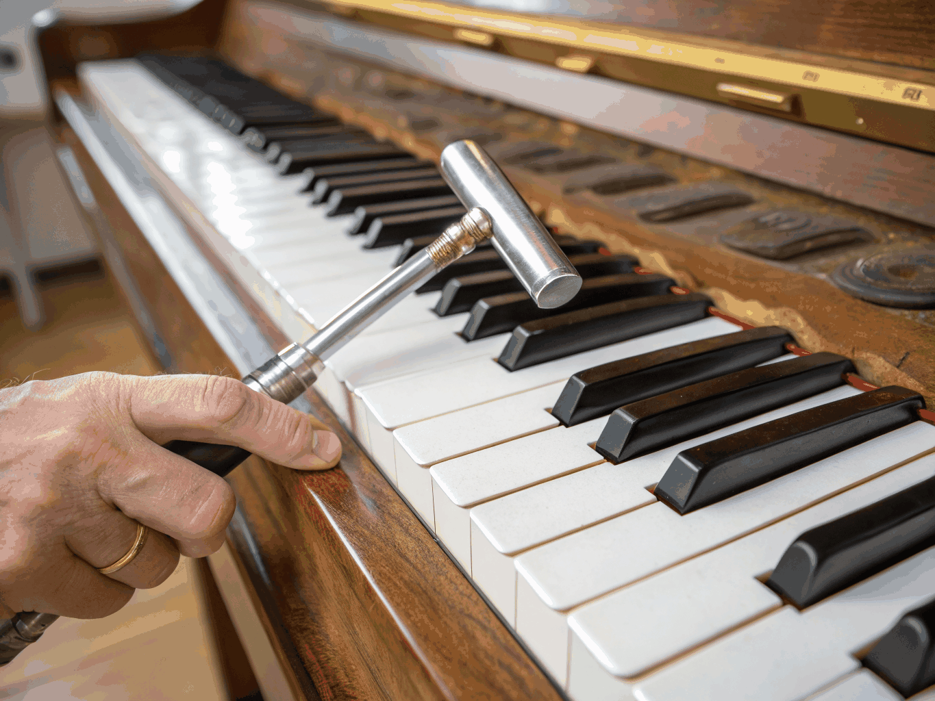 Macro photography of piano strings and hammers